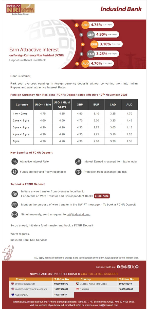 IndusInd Bank FCNR Deposit promotional email - Pioneer design
