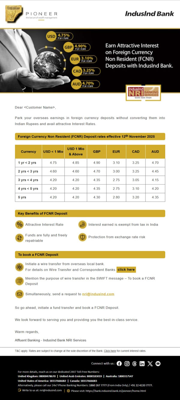 IndusInd Bank FCNR Deposit promotional email - NRI Banking Services