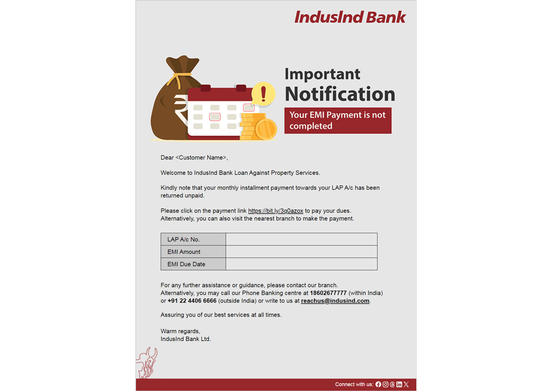 IndusInd Bank EMI notification email
