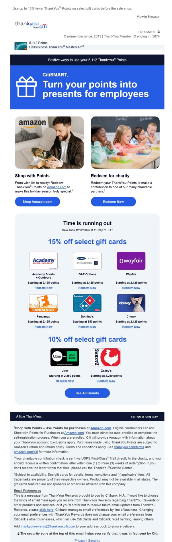Citi ThankYou Holiday Gift Cards email